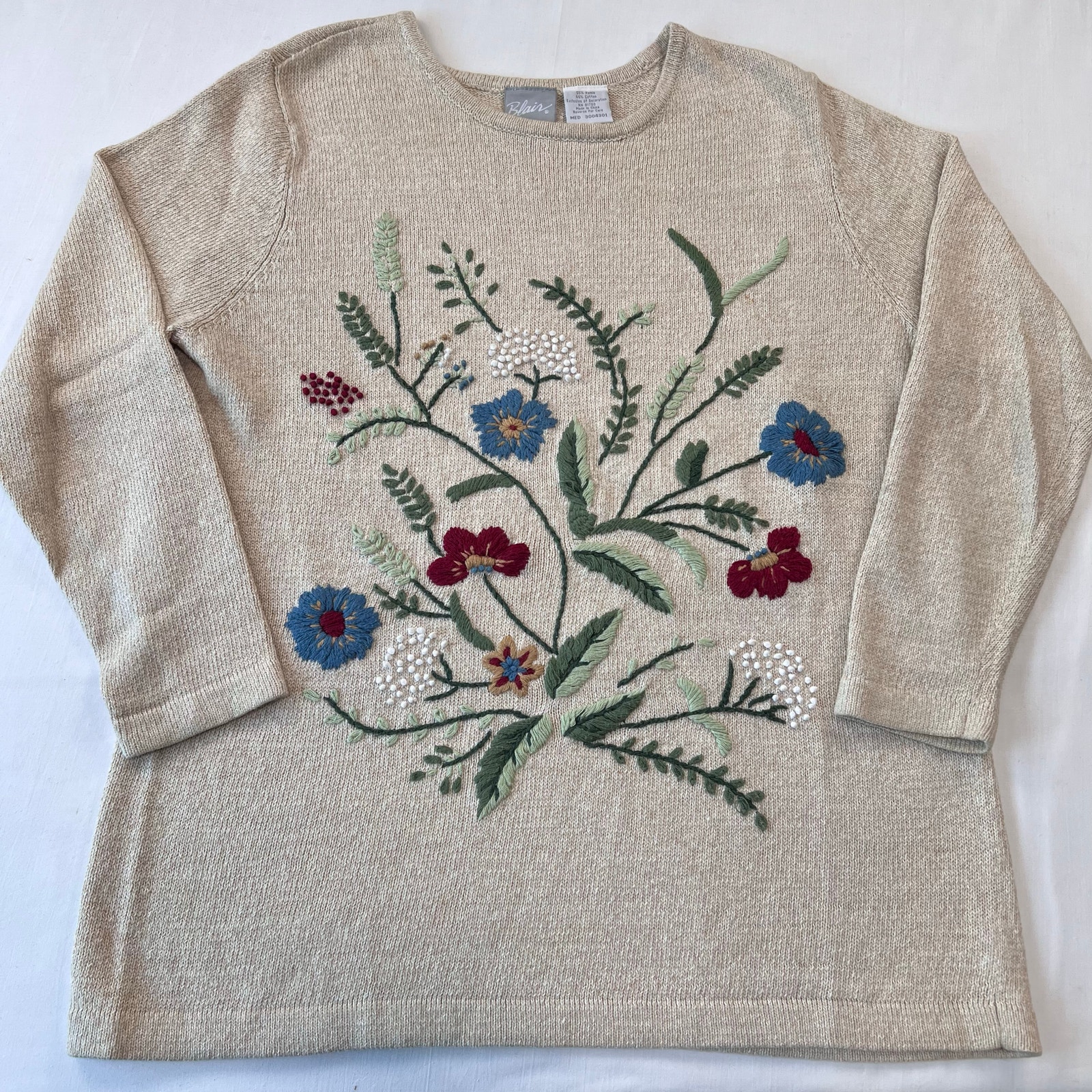 Blair Women&acirc;s Size Medium Vintage Embroidered Floral Flower Sweater Beige
